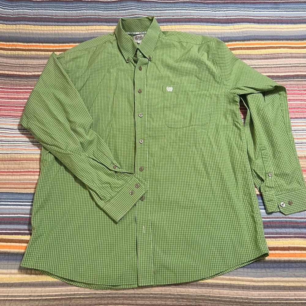 CINCH Mens Green Gingham Check Long Sleeve Button Down Shirt Size Medium